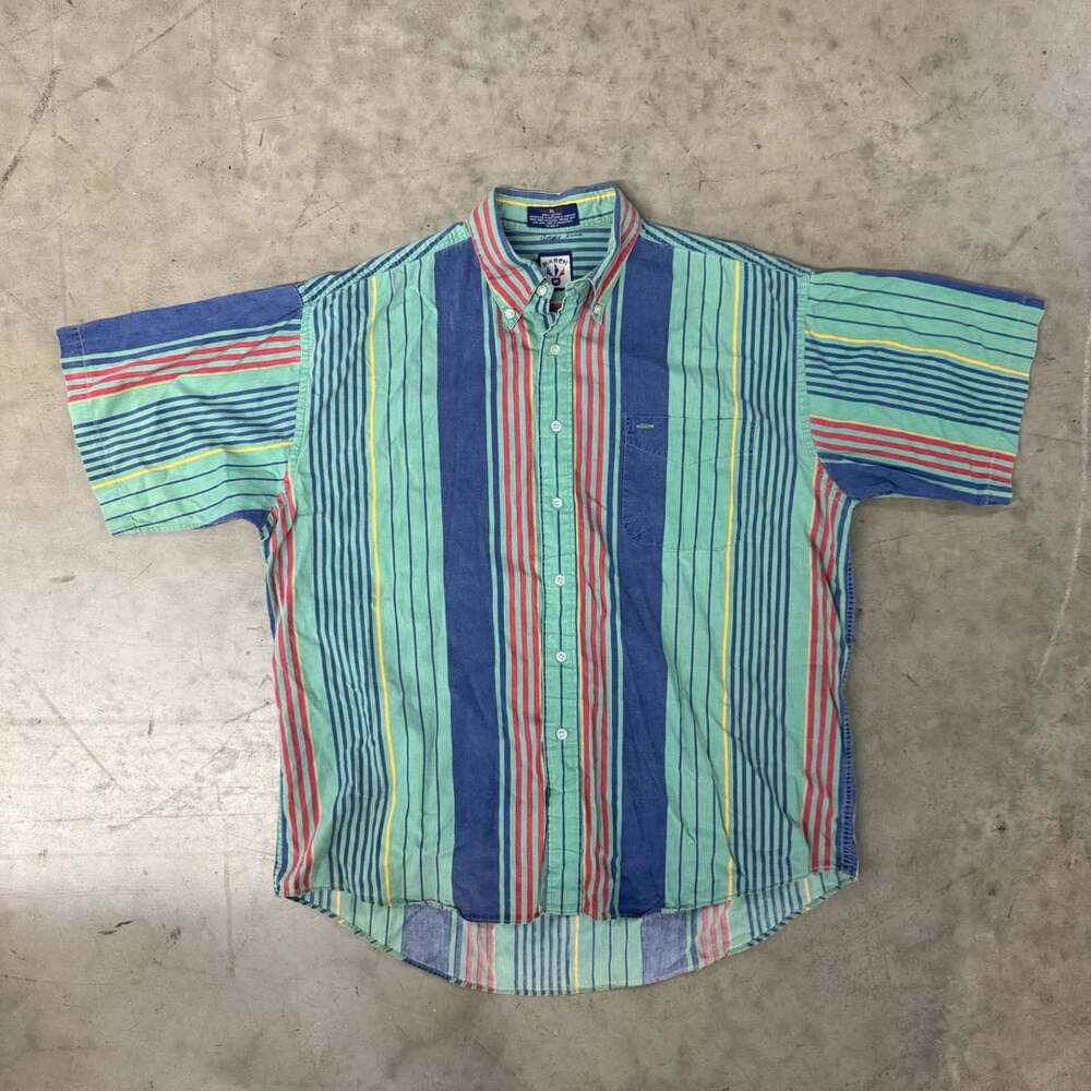 Mareh Vintage Short Sleeve Striped Button Down Shirt XL Green Blue